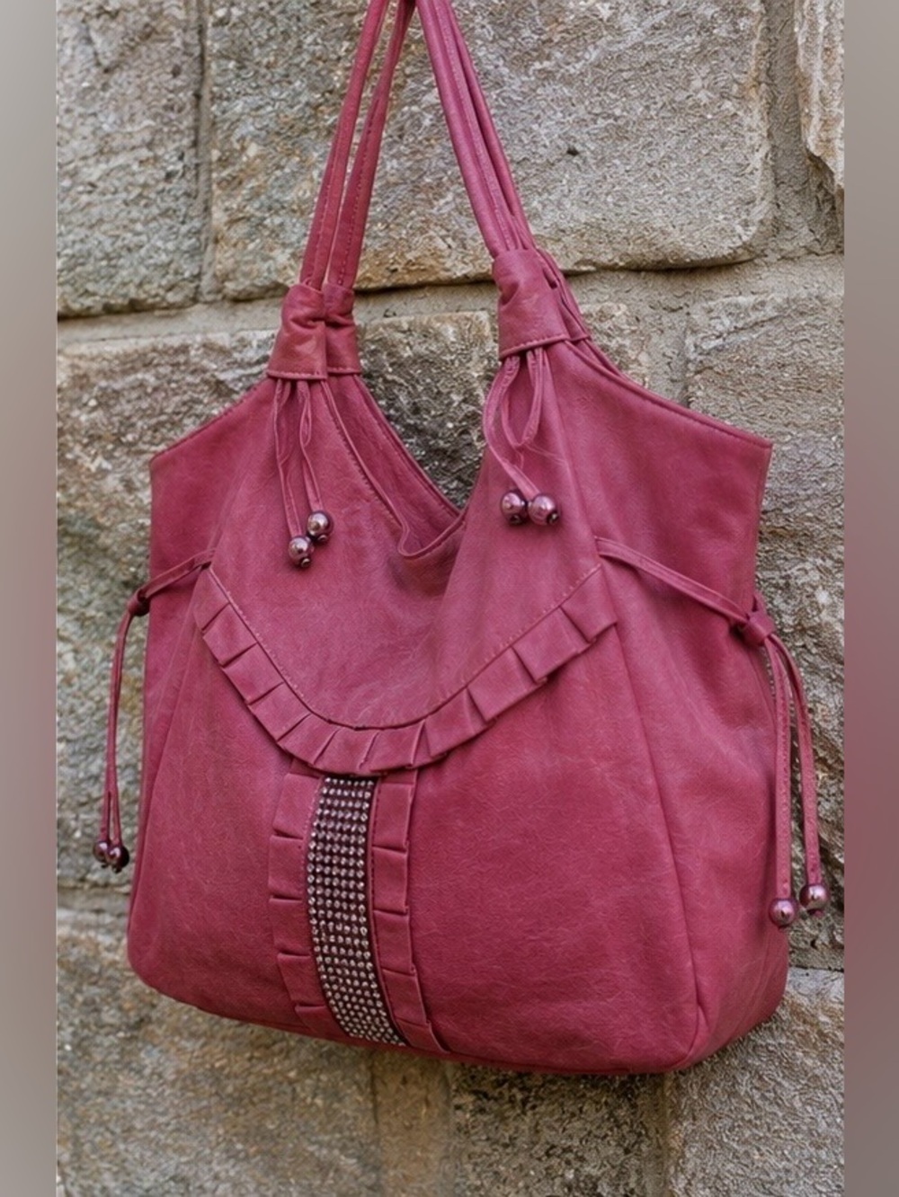 Large Pink Shoulder Bag Purse Rhinestone Accent Ruffle Faux Leather Tote